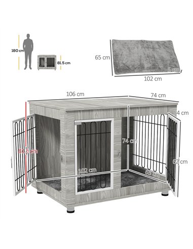 PawHut Indoor Dog Kennel w/ Soft Cushion, Double Door for Large Dogs, 106 x 74 x 81.5cm, Grey
