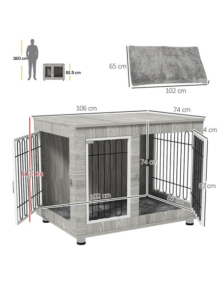 PawHut Indoor Dog Kennel w/ Soft Cushion, Double Door for Large Dogs, 106 x 74 x 81.5cm, Grey - pic 141907 | FastDaddyshop