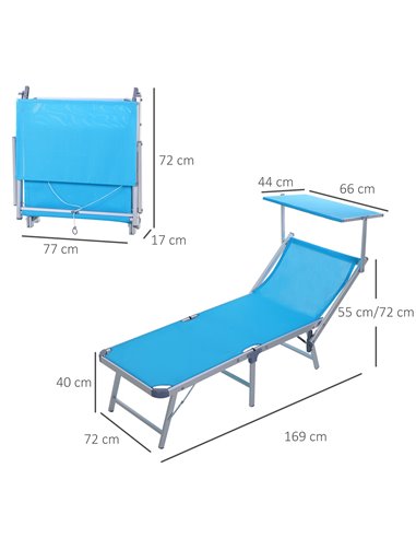 Outsunny Garden Sun Lounger Texteline Chaise Lounge Reclining Chair with Canopy Adjustable Backrest Bed Aluminium Frame - Blue