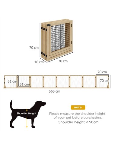 PawHut 8 Panels Foldable Pet Gate with Support Feet, for House, Doorway, Stairs, Small and Medium Dogs - Natural Wood