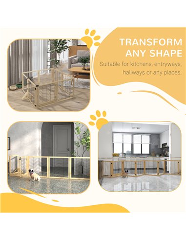 PawHut 8 Panels Foldable Pet Gate with Support Feet, for House, Doorway, Stairs, Small and Medium Dogs - Natural Wood