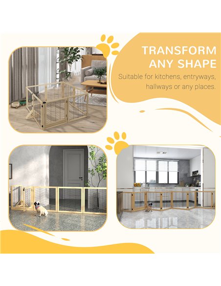 PawHut 8 Panels Foldable Pet Gate with Support Feet, for House, Doorway, Stairs, Small and Medium Dogs - Natural Wood - pic 141927 | FastDaddyshop