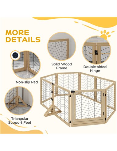 PawHut 8 Panels Foldable Pet Gate with Support Feet, for House, Doorway, Stairs, Small and Medium Dogs - Natural Wood