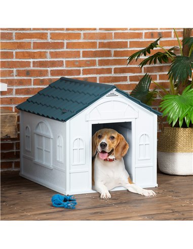 PawHut Plastic Weather-Resistant Dog House, for Indoors and Outdoors, Medium Dogs - White and Blue