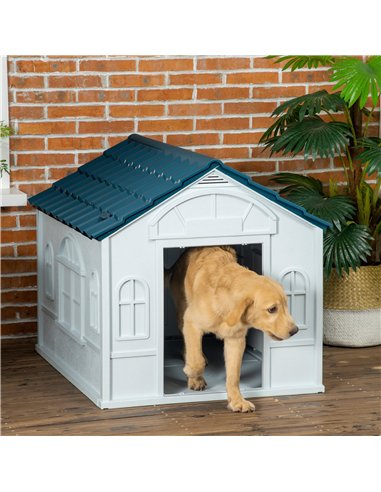 PawHut Plastic Weather-Resistant Dog House, for Indoors and Outdoors, Large Dogs - White and Blue
