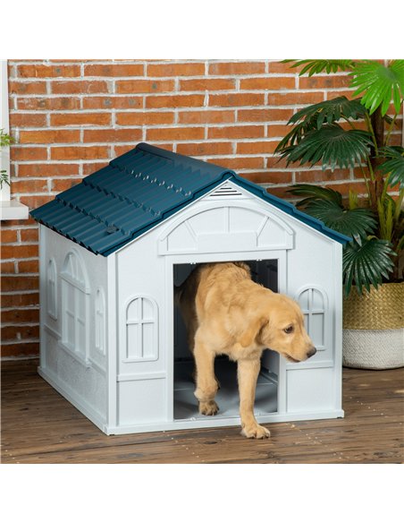 PawHut Plastic Weather-Resistant Dog House, for Indoors and Outdoors, Large Dogs - White and Blue - pic 142005 | FastDaddyshop
