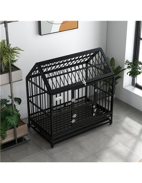 PawHut 48" Heavy Duty Dog Crate on Wheels, with Removable Tray, Openable Top, for L, XL Dogs - Black - pic 142074 | FastDaddyshop