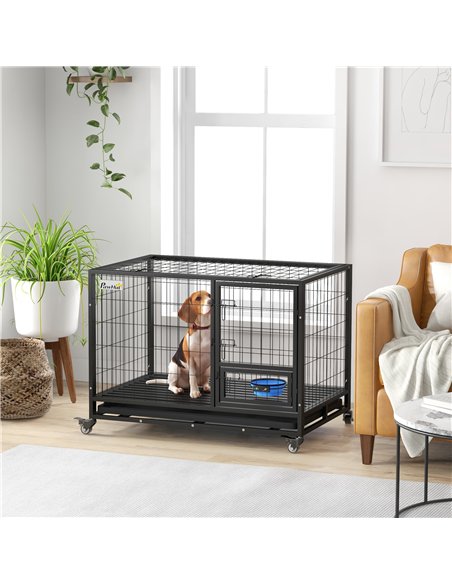 PawHut Heavy Duty Dog Crate on Wheels w/ Bowl Holder, Removable Tray, Openable Top, Detachable Door, for L, XL Dogs - pic 142086 | FastDaddyshop
