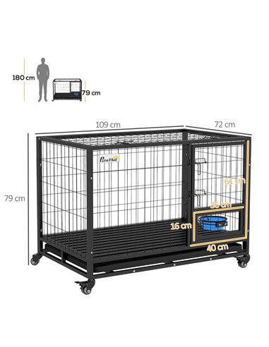 PawHut Heavy Duty Dog Crate on Wheels w/ Bowl Holder, Removable Tray, Openable Top, Detachable Door, for L, XL Dogs