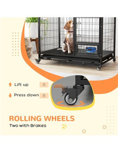 PawHut Heavy Duty Dog Crate on Wheels w/ Bowl Holder, Removable Tray, Openable Top, Detachable Door, for L, XL Dogs