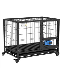 PawHut Heavy Duty Dog Crate on Wheels w/ Bowl Holder, Removable Tray, Openable Top, Detachable Door, for M, L Dogs
