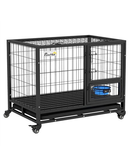 PawHut Heavy Duty Dog Crate on Wheels w/ Bowl Holder, Removable Tray, Openable Top, Detachable Door, for M, L Dogs - pic 142094 | FastDaddyshop