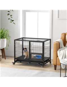 PawHut Heavy Duty Dog Crate on Wheels w/ Bowl Holder, Removable Tray, Openable Top, Detachable Door, for M, L Dogs 2