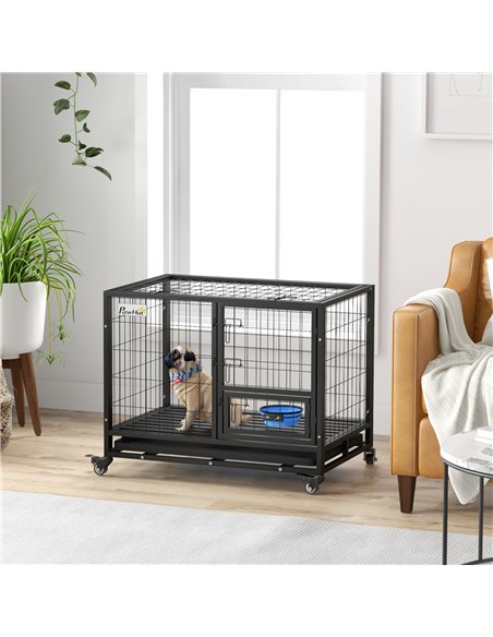 PawHut Heavy Duty Dog Crate on Wheels w/ Bowl Holder, Removable Tray, Openable Top, Detachable Door, for M, L Dogs - pic 142095 | FastDaddyshop