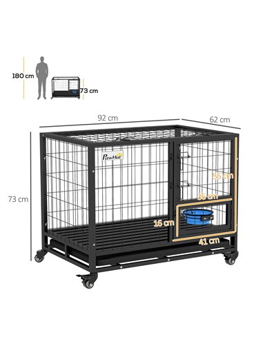 PawHut Heavy Duty Dog Crate on Wheels w/ Bowl Holder, Removable Tray, Openable Top, Detachable Door, for M, L Dogs
