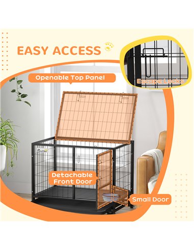 PawHut Heavy Duty Dog Crate on Wheels w/ Bowl Holder, Removable Tray, Openable Top, Detachable Door, for M, L Dogs