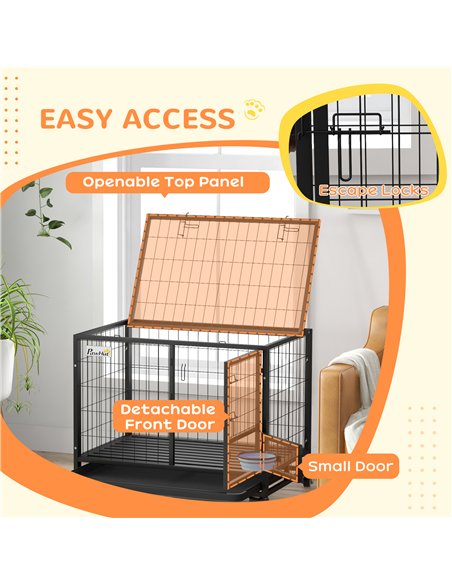 PawHut Heavy Duty Dog Crate on Wheels w/ Bowl Holder, Removable Tray, Openable Top, Detachable Door, for M, L Dogs - pic 142099 | FastDaddyshop