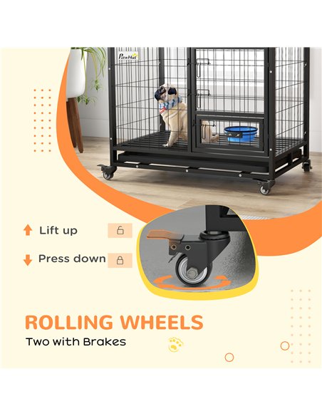 PawHut Heavy Duty Dog Crate on Wheels w/ Bowl Holder, Removable Tray, Openable Top, Detachable Door, for M, L Dogs - pic 142102 | FastDaddyshop