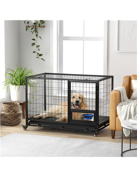 PawHut Heavy Duty Dog Crate on Wheels w/ Bowl Holder, Removable Tray, Openable Top, Detachable Door, for L, XL Dogs - pic 142104 | FastDaddyshop