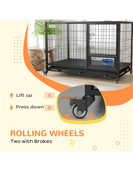 PawHut Heavy Duty Dog Crate on Wheels w/ Bowl Holder, Removable Tray, Openable Top, Detachable Door, for L, XL Dogs - pic 142111 | FastDaddyshop
