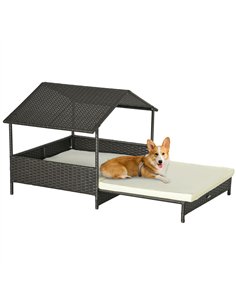 PawHut Extendable Elevated Dog Bed, Rattan Dog House, with Water-Resistant Roof, Removable Cushion, Cream