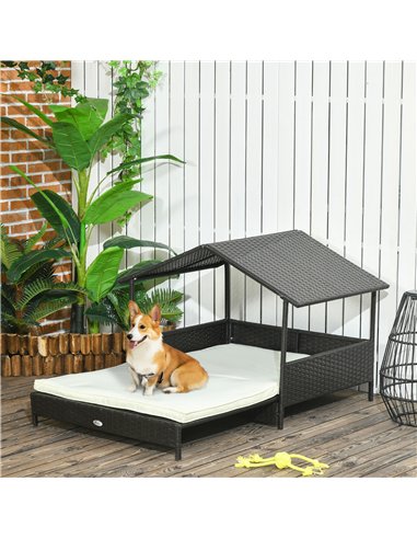 PawHut Extendable Elevated Dog Bed, Rattan Dog House, with Water-Resistant Roof, Removable Cushion, Cream
