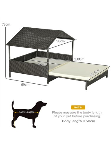 PawHut Extendable Elevated Dog Bed, Rattan Dog House, with Water-Resistant Roof, Removable Cushion, Cream