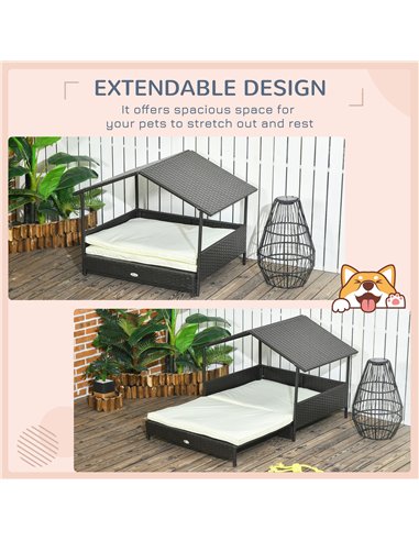 PawHut Extendable Elevated Dog Bed, Rattan Dog House, with Water-Resistant Roof, Removable Cushion, Cream