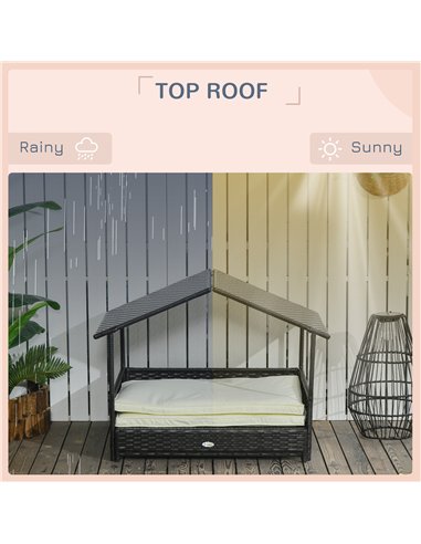 PawHut Extendable Elevated Dog Bed, Rattan Dog House, with Water-Resistant Roof, Removable Cushion, Cream