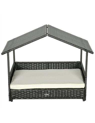 PawHut Extendable Elevated Dog Bed, Rattan Dog House, with Water-Resistant Roof, Removable Cushion, Cream