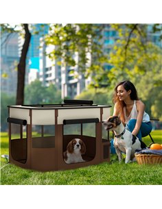 PawHut Foldable Dog Pen with Storage Bag for Indoor/Outdoor Use, Portable Pet playpen, with Ground Stakes - Brown 2