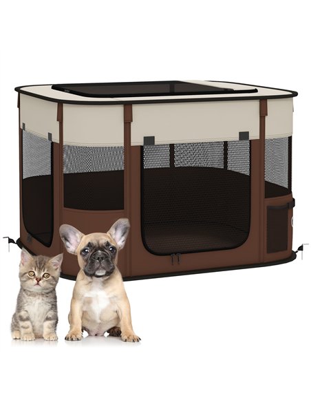 PawHut Foldable Dog Pen with Storage Bag for Indoor/Outdoor Use, Portable Pet playpen, with Ground Stakes - Brown - pic 142157 | FastDaddyshop