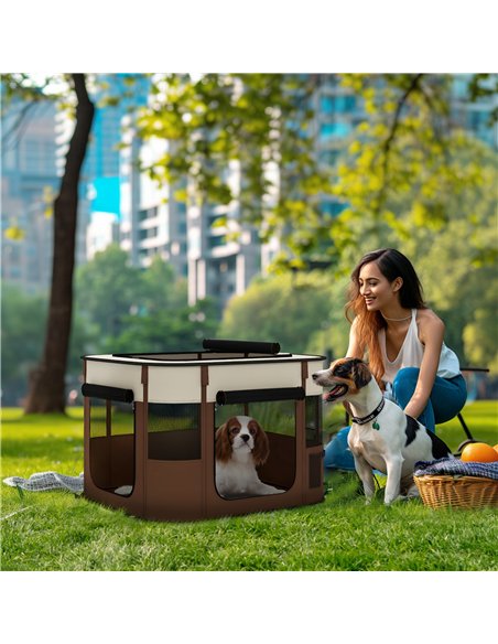 PawHut Foldable Dog Pen with Storage Bag for Indoor/Outdoor Use, Portable Pet playpen, with Ground Stakes - Brown - pic 142158 | FastDaddyshop