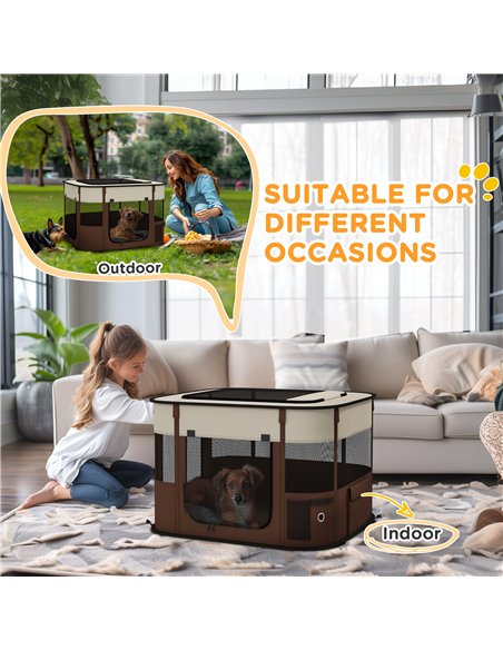 PawHut Foldable Dog Pen with Storage Bag for Indoor/Outdoor Use, Portable Pet playpen, with Ground Stakes - Brown - pic 142163 | FastDaddyshop