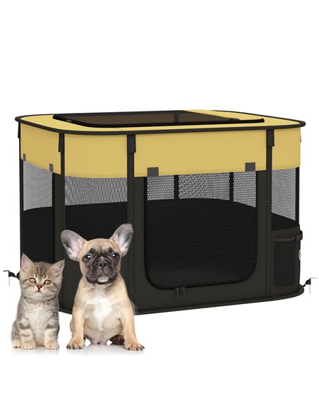 PawHut Foldable Dog Pen with Storage Bag for Indoor/Outdoor Use, Portable Pet playpen, with Ground Stakes - Yellow - pic 142166 | FastDaddyshop