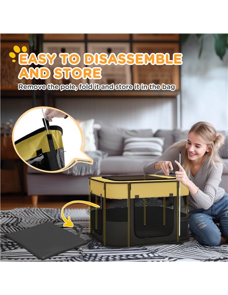 PawHut Foldable Dog Pen with Storage Bag for Indoor/Outdoor Use, Portable Pet playpen, with Ground Stakes - Yellow - pic 142171 | FastDaddyshop