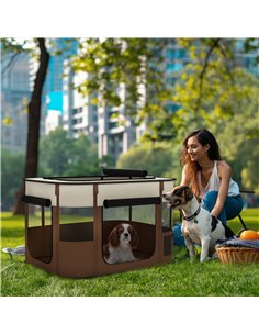 PawHut Foldable Dog Pen with Storage Bag for Indoor/Outdoor Use, Portable Pet playpen, with Ground Stakes - Brown 2