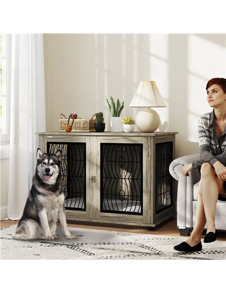 PawHut Indoor Dog Crate Furniture End Table with Soft Washable Cushion, Lockable Front Door, for Extra Large Dogs - Grey - pic 142302 | FastDaddyshop