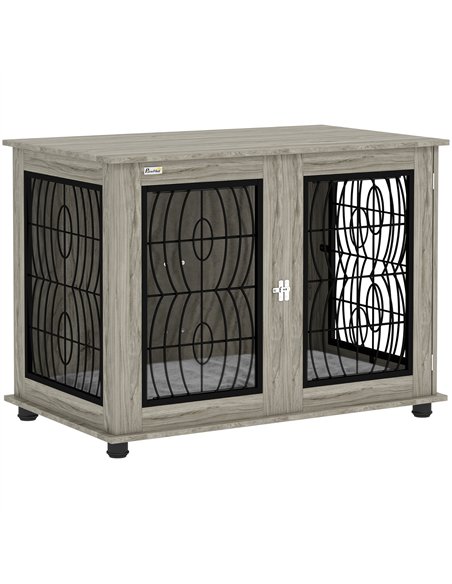 PawHut Indoor Dog Crate Furniture End Table with Soft Washable Cushion, Lockable Front Door, for Large Dogs - Grey - pic 142310 | FastDaddyshop