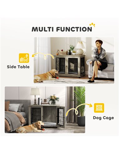 PawHut Indoor Dog Crate Furniture End Table with Soft Washable Cushion, Lockable Front Door, for Large Dogs - Grey