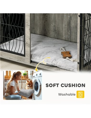 PawHut Indoor Dog Crate Furniture End Table with Soft Washable Cushion, Lockable Front Door, for Large Dogs - Grey