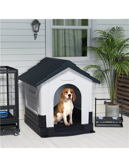 PawHut Plastic Dog Kennel with Windows, for Garden Patio, Medium and Large Dogs, 101 x 88 x 99cm - Grey - pic 142329 | FastDaddyshop