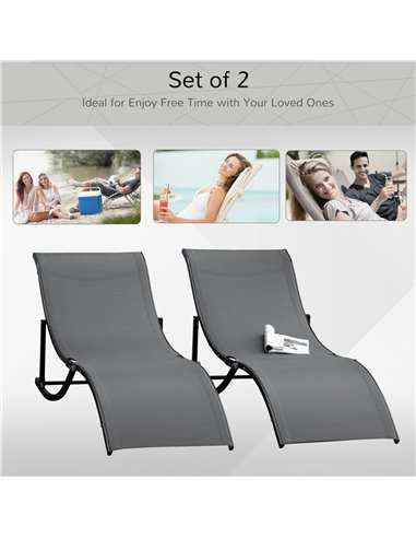 Outsunny Set of 2 S-shaped Foldable Lounge Chair Sun Lounger Reclining Outdoor Chair for Patio Beach Garden Grey