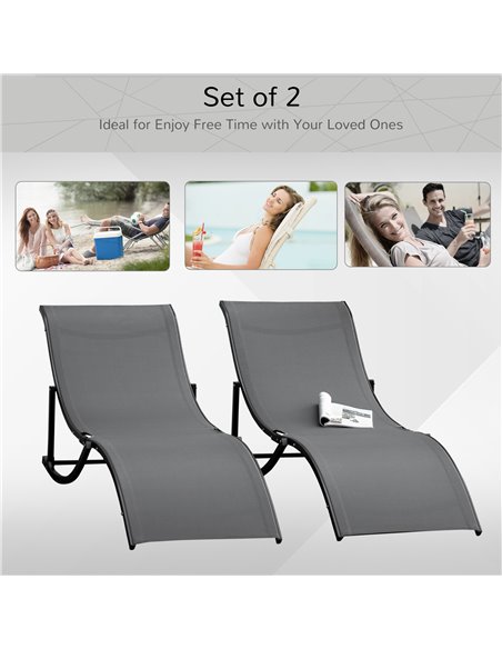Outsunny Set of 2 S-shaped Foldable Lounge Chair Sun Lounger Reclining Outdoor Chair for Patio Beach Garden Grey - pic 14233 | FastDaddyshop