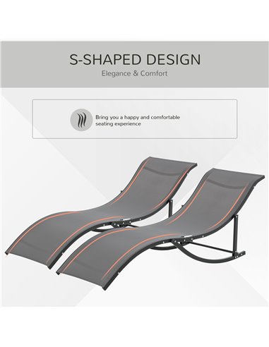 Outsunny Set of 2 S-shaped Foldable Lounge Chair Sun Lounger Reclining Outdoor Chair for Patio Beach Garden Grey