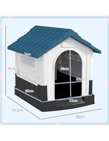 PawHut Plastic Dog Kennel with Windows, for Garden Patio, Miniature and Small Dogs, 80 x 69 x 76cm - Blue