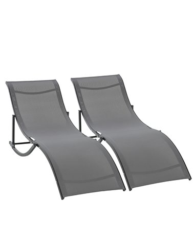 Outsunny Set of 2 S-shaped Foldable Lounge Chair Sun Lounger Reclining Outdoor Chair for Patio Beach Garden Grey