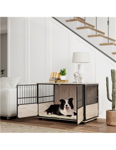 PawHut 100cm Furniture Style Dog Crate Dog Cage End Table Indoor with 3 Doors Soft Washable Cushion, for Large Sized Dogs