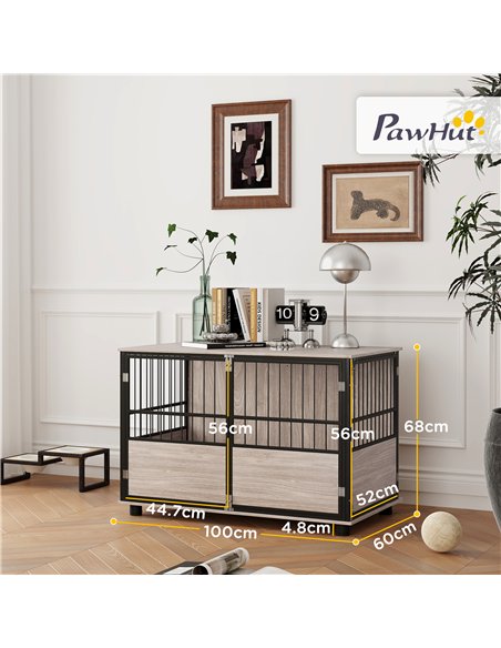 PawHut 100cm Furniture Style Dog Crate Dog Cage End Table Indoor with 3 Doors Soft Washable Cushion, for Large Sized Dogs - pic 142375 | FastDaddyshop