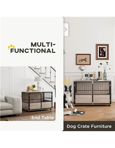 PawHut 100cm Furniture Style Dog Crate Dog Cage End Table Indoor with 3 Doors Soft Washable Cushion, for Large Sized Dogs